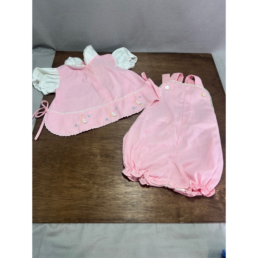 Tiny Tots Originals 2-Piece Outfit Pink Seersucker Embroidered Duck Vintage 6-9M